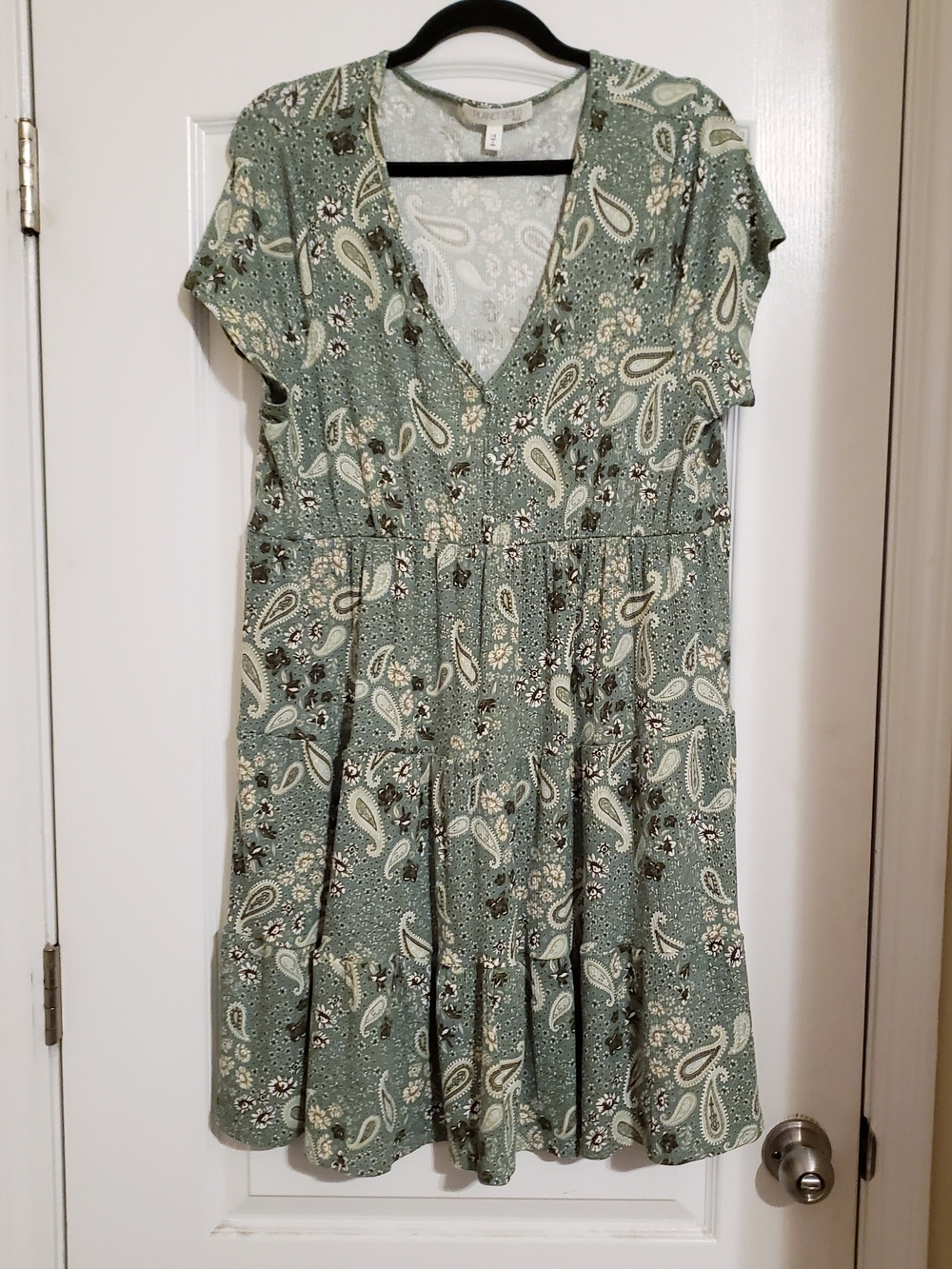 V-Neck Paisley Tiered Dress in Sage Green